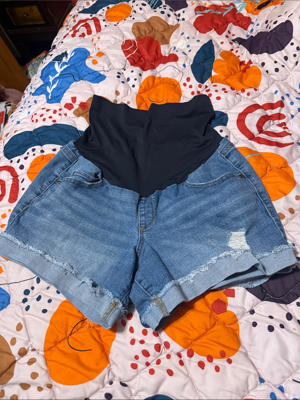Maternity Denim Jean Shorts with Navy Belly Overband/ Medium